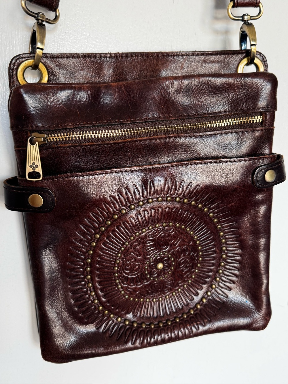 Patricia Nash Dark Brown Embossed Leather Crossbody with Gold Hardware